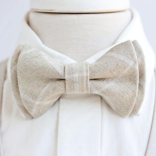 Men's Pre-Tied Bow Tie / Natural Linen Window Pane