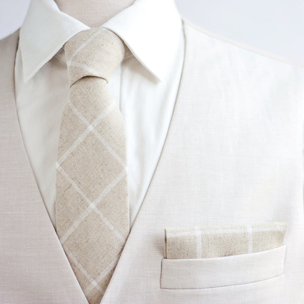 Men's Pre-Tied Bow Tie / Natural Linen Window Pane