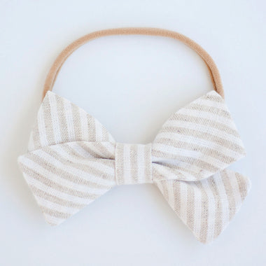 Classic Hair Bow Clip Or Headband / Natural Linen Stripe